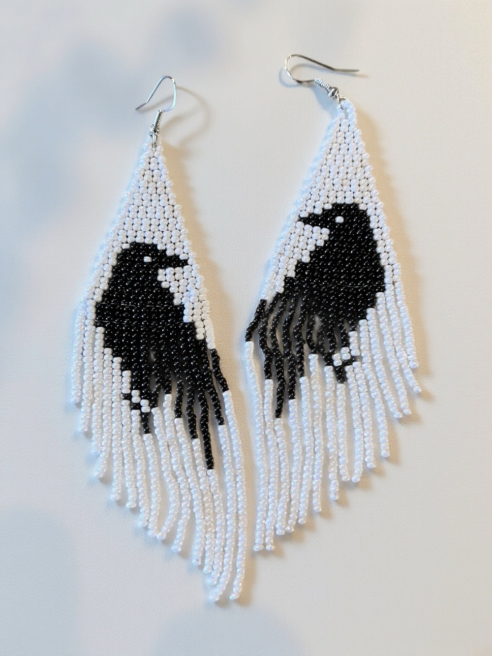 White and Black Glass Beaded Raven Fringe Earrings